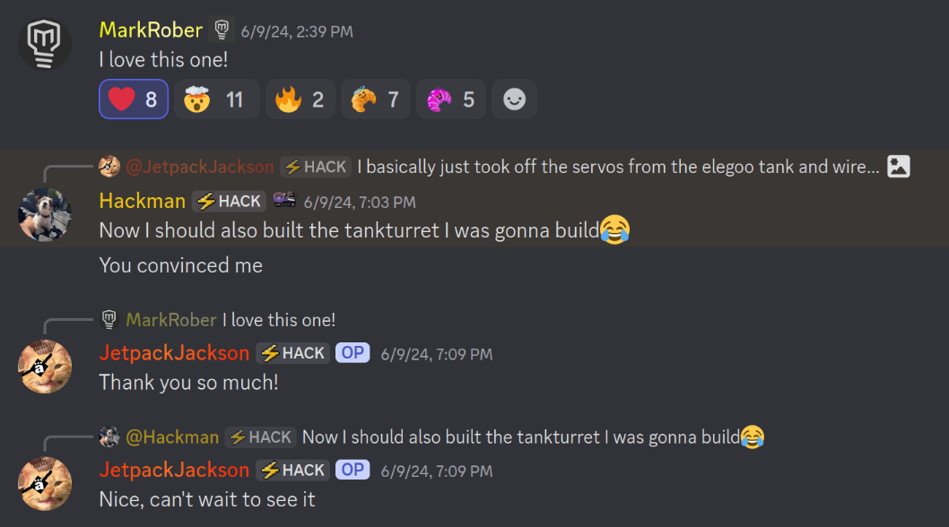 A Discord screenshot showing Mark Rober reacting to my post about my robot.